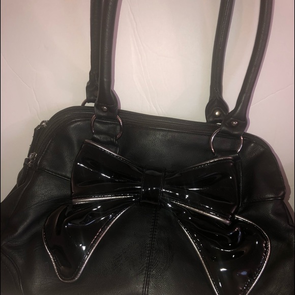 Black & Silver Pleather Vegan Bow Purse Bag - Picture 2 of 7